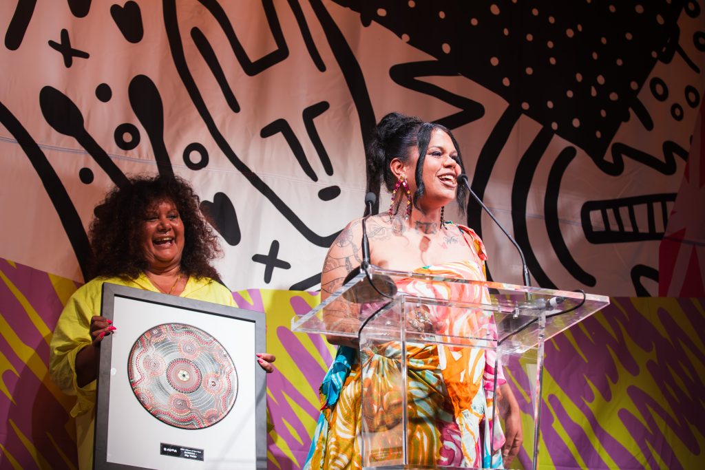 Malyangapa and Barkindji rapper Barkaa winning Album of the Year for her EP 'Big Tidda', at the National Indigenous Music Awards, 2025.